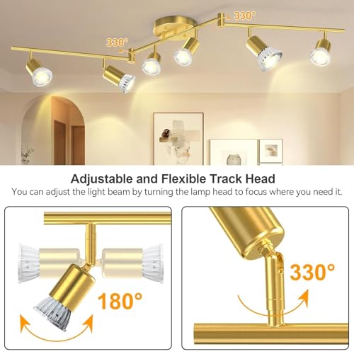Bacane Track Lighting Kit, Ceiling Spot Lighting, Flexibly Rotatable Light Head, Track Light (Bulb Not Included) (Gold, 6 Light)