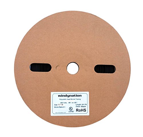 WindyNation 100 Feet (31 Meters) 1/2 inch, 1/2" I.D. Polyolefin 2:1 Black Heat Shrink Tubing