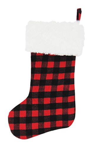 EDLDECCO 20.5 inch Christmas Snowy White Faux Fur Red and Black Plaid Stocking for Holiday party decorations gift-One Piece - Thumbnail 4