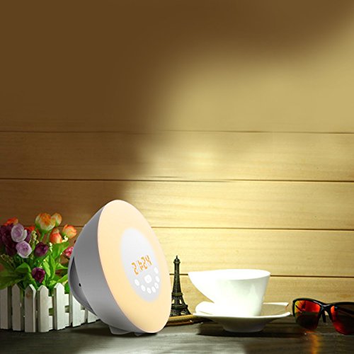 Sunrise Alarm Clock, Wake Up Light with 6 Nature Sounds, FM Radio, Color Light, Bedside Sunrise Simulator (White) - Thumbnail 2
