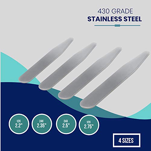 72 Stainless Steel Collar Stays - 4 Sizes In a Plastic Box for Men - 2 Pack of 36