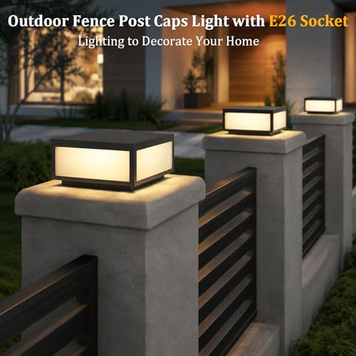 SLAWA Outdoor Post Caps Light With Pier Mount Base Column Cap Lamps Black Waterproof Pole Lantern Light Fixture Square Exterior Pillar Lamp Outdoor Lighting Aluminum Landscape Light For Path Lawn Yard