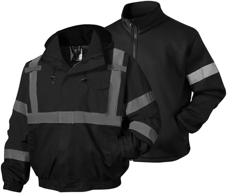 SKSAFETY 3-in-1 High Visibility Winter Bomber Jackets Zip Out Fleece Liner Reflective Safety Coats for men Waterproof ANSI/ISEA Class 3(Black S) Image