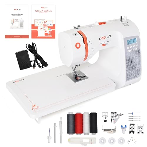 Poolin EOC02 Computerized Sewing Machine with 200 Stitches, 7 Feet, LCD Display, Wide Table, for Beginners