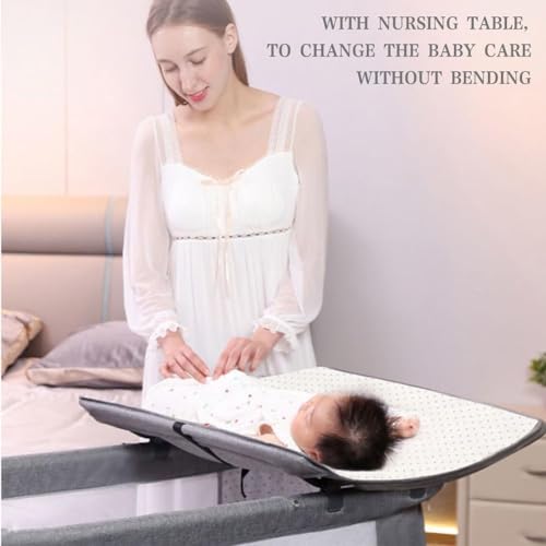DMG TECH Crib, Bedside Sleeper Bedside Crib, Multifunctional 4-In-1 with Breathable Net, With Diaper Table, Mosquito Net, Mattress, Storage Basket Easy Folding Portable Crib For Newborn Baby