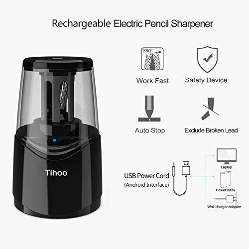Rechargeable Electric Pencil Sharpener with Durable Helical Blade to Fast Sharpen, USB Cable Auto Stop Sharpener for No.2 & Colored 6-8mm Pencils for School Office Home (Black)