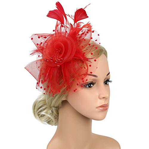 Sunshinehomely Women Hairband, Women Penny Mesh Hat Ribbons Feathers Fascinator Hat Headband Cocktail Tea Party Hat Headwear (Red)