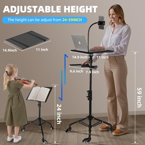 CENXI Laptop Tripod on Wheels with 2 Shelves, Portable Projector Floor Stand Adjustable Height 24 to 59 Inch with Phone Holder