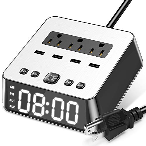 AVOD Alarm Clock Charger 4 USB Ports & 3 AC Outlets, 6ft Power Cord