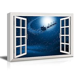 Window Frame Style Canvas Wall Art - Santa Claus and The Flying Sledge - Giclee Print Gallery Wrap Modern Home Art Ready to Hang - 12x18 inches