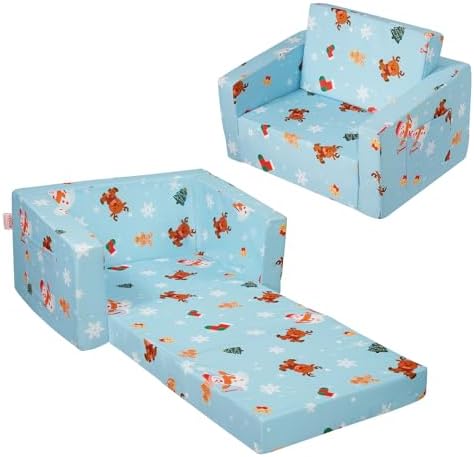 Silla de Bebé Plegable 2 en 1, Sofá Cama para Niños Pequeños, Sofá de Espuma Suave y Cómodo, Tumbona Convertible para Bebé, Asiento de Silla con Dibujos Animados, Azul, 1040 x 580 x 320 mm