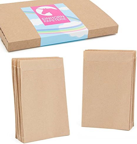 Unicorn Stationary, 100 Small Brown Paper Gift Bags, 9.5 cm x 13 cm, 1.6 cm tab, can be used for post cards, weddings, giveaways, gifts, jewellery, children's birthdays
