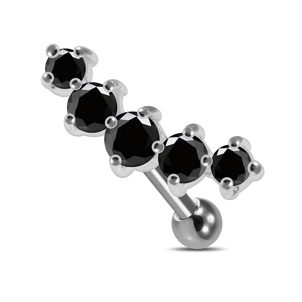 Black 5 CZ Stones in Curve Shaped Sterling Silver Tragus Cartilage Helix Piercing - Sold by Piece