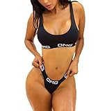 Two Pieces Sexy Women Letter Print Push Up Bikini Set Triangle Thong Bathing Suit (US 10/XL, Black)