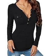 Zilcremo Women's Long Sleeve T Shirt Casual V Neck Button Solid Henley Tops Blouse Tee