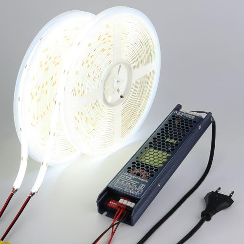 BENLUN 24 V COB LED Strip 20 m (10 m x 2), 6000 K Cool White LED Strip Outdoor Waterproof, 312LEDs/M CRI 93 Self-Adhesive Strip with Power Supply for Bedroom, Home Decoration, Kitchen