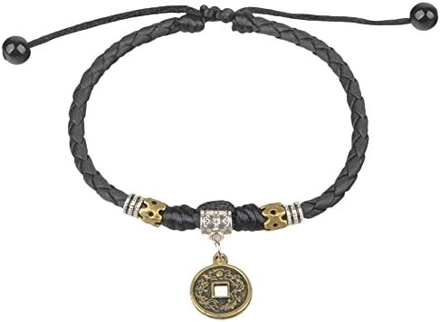 Ancient TribeAdjustable Black Braided Leather Anklet with Vintage Coin Pendant and Metal Beads – Unisex Boho Bracelet (23 cm / 9 inches)