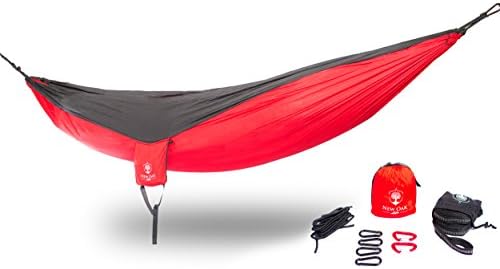 New Oak Double Camping Hammock Set โ Lite weight, compact, quick hang comfort system, optional 10 ft Tree Straps and 12kn biners, EVERYTHING TO GET OUT THERE AND GET LOST!! (Combo Red/Blk)