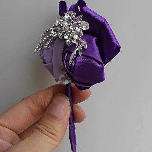 FidgetKute Mix Silk Rose Bridal Bridesmaid Corsage Flowers Rhinestone Corsage Brooch Pearls Purple & Light Purple One Size