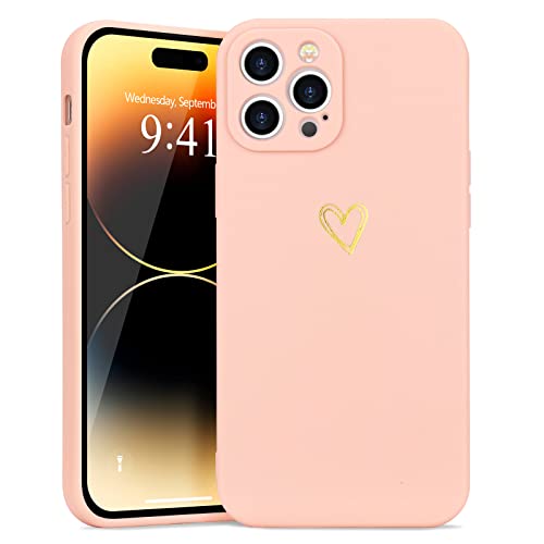 Wirvyuer Compatible with iPhone 14 Pro Mobile Phone Case Girls Case Gold Love Heart Soft Silicone Case Cute Gold Love Slim Shockproof Protective Case for iPhone 14 Pro Pink