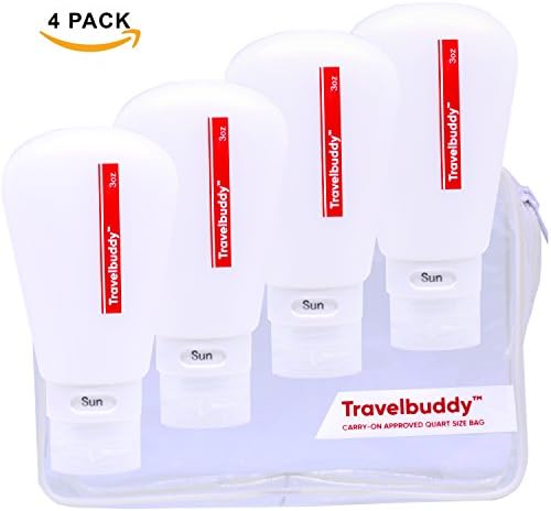 Leakproof Travel Bottles Set, TravelBuddy 4 Pack 3 Fl.oz Silicone Refillable Squeezable Containers, TSA Approved for Carry-on Luggage