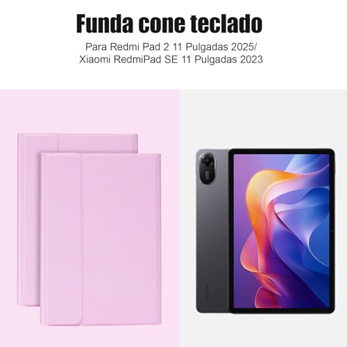 KTOITION Keyboard Case for Xiaomi Redmi Pad 2 / Redmi Pad SE 11 Inch 2023 | Detachable Magnetic Bluetooth Keyboard with Spanish Ñ, Case with Pen Holder, for Xiaomi Redmi Pad 2 11 Inch 2025 Pink