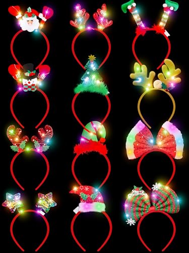 HOVACY 12PCS Christmas Headband, Christmas Light Headband, Christmas Party Favors Xmas Accessories for Xmas Decorations