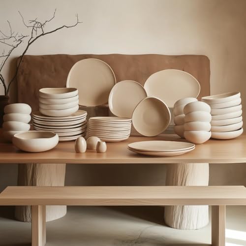 Karaca New Cupid 55-Piece Stoneware Dinner Set for 12 People, Cream Plates and Bowls Set, Dishwasher & Freezer Safe, Complete Dinnerware Sets, Earth Collection