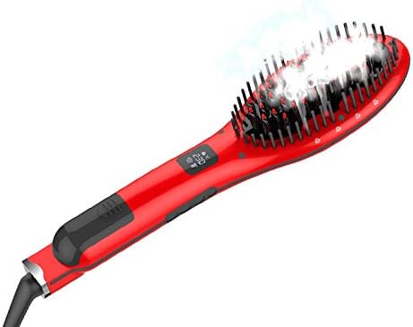 2 in 1 Ceramic Hair Straightener/Hair Curler/Straight Comb, Spray Steam Plywood Buckle Hair Care Comb,Red