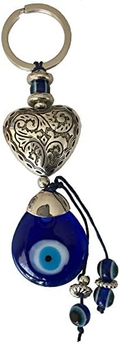 Blue Evil Eye Engraved Heart Amulet Keychain Ring for Protection and Blessing, Great Gift Idea