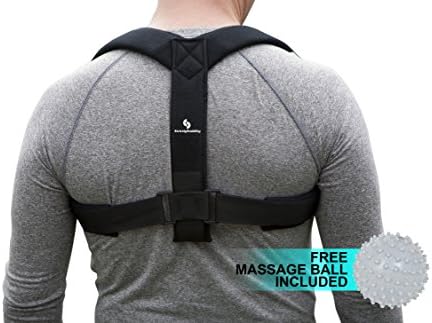 Upper Back and Shoulder Posture Corrector Brace and Clavicle Support with Massage Ball (Medium, Black)