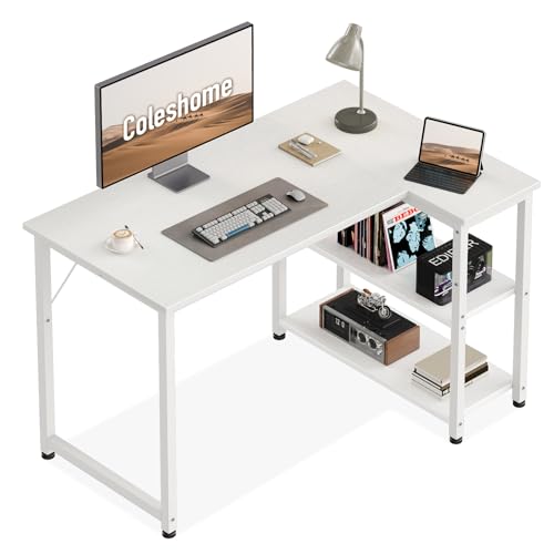 Coleshome L Shaped Computer Desk, 100x70 cm Corner Desk, Office Desk with Reversible Storage Shelves, Writing Study Table for Work Play Home Office, White
