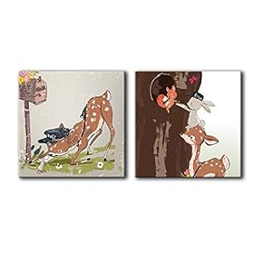 Square Canvas Wall Art of Children Painting Mail Delivering Deer and Bunny | 12"x12" x 2 Panels