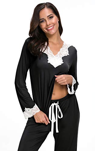 Jusfitsu Womens Cotton Pajamas Set Long Sleeve Top Shirt with Pants Sleepwear Modal Soft Loungewear Lace Black XL