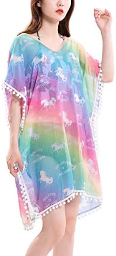 Women's Rainbow Unicorn Print Pom Pom Trim Beach Bikini Cover Up Swimwear Beach Pool Tassel Cover-up Bathing Suit Swimsuit Summer Beach Coverups Dress (Unicorn)