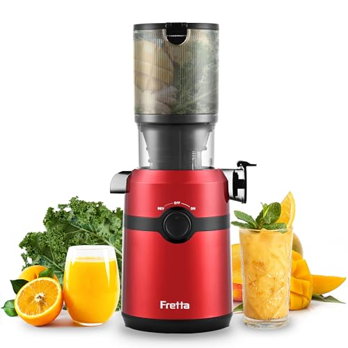 Juice Extractor, Fretta Juice Extractor for Whole Fruits and Vegetables, Large Opening 108 mm Slow Juicer, 1L Capacity, Cold Pressure, Easy to Clean, BPA-Free, 200 W (Red)
