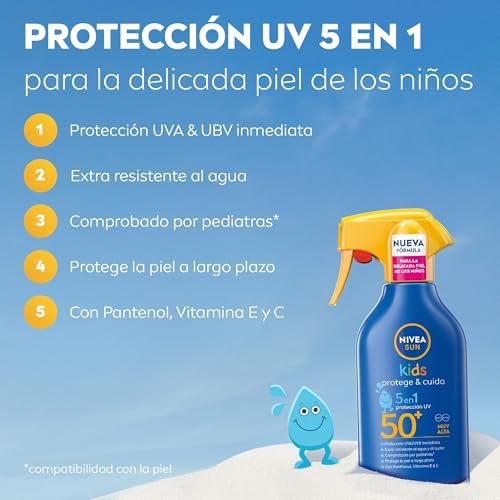 Nivea sun solar spray kids protect & care fp50+ (1 x 270 ml), protetor solar infantil à prova d'água, proteção solar muito alta para crianças