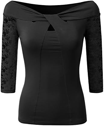 VIVALACE Womens Bell Sleeve Twisted Cross Coll Fabric Basic T shirts Black, Large