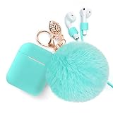 Airpods Case Keychain, BLUEWIND AirPod Charging Protective Case, Portable Carrying Earpods Case with Strap, Keychain, Soft Fluffy Ball, Compatible with Apple AirPods 1&2 Bluetooth Earphone, Mint Green