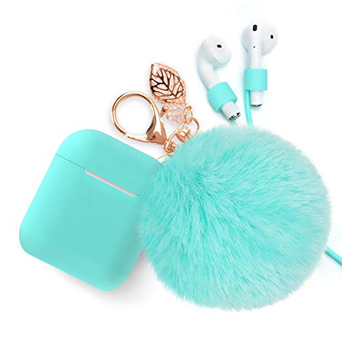 Airpods Case Keychain, BLUEWIND AirPod Charging Protective Case, Portable Carrying Earpods Case with Strap, Keychain, Soft Fluffy Ball, Compatible with Apple AirPods 1&2 Bluetooth Earphone, Mint Green