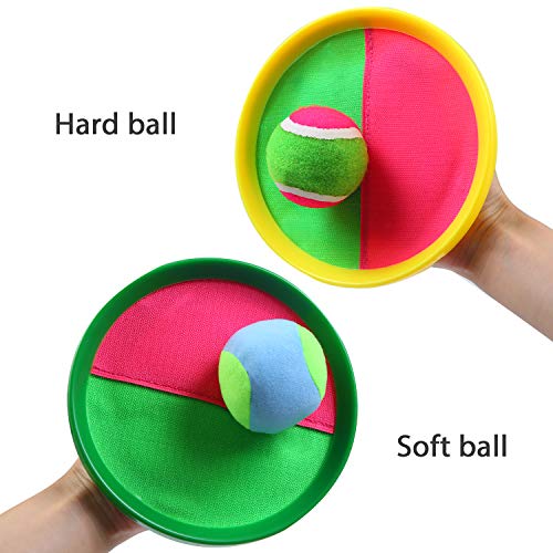 Elcoho Toss and Catch Ball Set Paddle Catch Ball and Toss Game 4 Hook and Loop Adjustable Self-Stick Paddles 6 Balls with Storage Bag for Outdoor Activities (4 Colors)