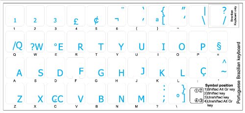 PORTUGUESE BRAZILIAN KEYBOARD STICKERS WITH BLUE LETTERING ON TRANSPARENT BACKGROUND