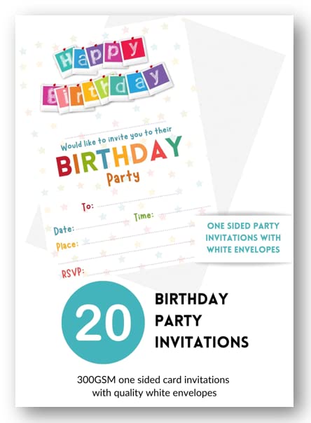 Second Ave 20 Pack Happy Birthday Party Invitations Invite With Envelopes For Children Boys or Girls
