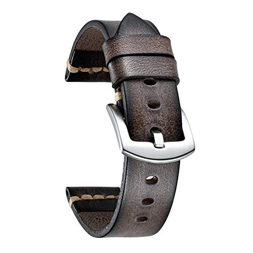 BINLUN Genuine Leather Watch Band Rubbing Leather Watch Straps Vegetable Tanned Leather Watch bands Handmade Top Grain Leather Watch bands for Men Women Black Silver Buckle 5 Sizes(18-26mm)