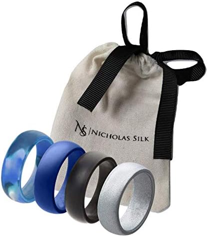 Silicone Wedding Ring Band for Men & Women, 4 Packs Smooth Silicone Rubber Wedding Bands – Metallic Silver, Dark Grey, Blue and Blue Marble Engagement Ring Gift