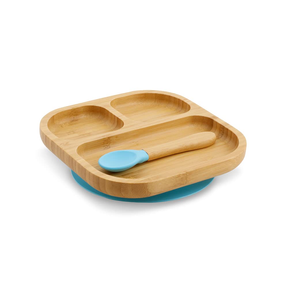 BIOZOYG Bamboo Square Plate Set I Suction Cup Plate with Spoon - FSC Certified I Cute Bamboo Wooden Bowl Set Toddler - Kids Plate & Snack Bowl I Baby Bamboo Tableware Square Blue