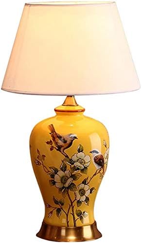 LED Table lamp Bedroom Bedside lamp Living Room Decorated Lighting Modern Chinese Style Ceramic Light Body Cloth lampshade E27 Button Switch (Color: Small Yellow)