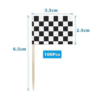 Homgaty 101 Pieces Race Theme Party Supplies-100 Pack Mini Checkered Racing Flag,Toothpick Stick Cupcake Toppers and 1 pack Plastic Checkered Tablecover, Black and White Rectangular Tablecloth