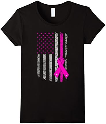 Womens Breast Cancer Awareness Tee Distressed American Flag T-Shirt Large Black