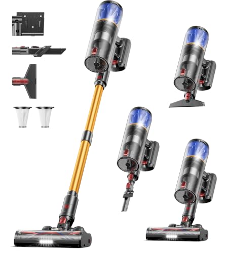 CHEBIO Akku Staubsauger 65KPA/650W/70Mins, Staubsauger Kabellos mit LED Display, Selbststehend, Anti-Tangle-Bürste, Wandladestation, Ultraleise, für T